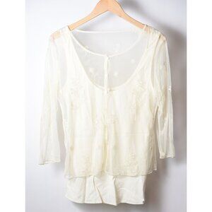Vintage J. Jill Ivory Sheer Shirt with Tank 3/4 Sleeve Flower Embroidery Size S